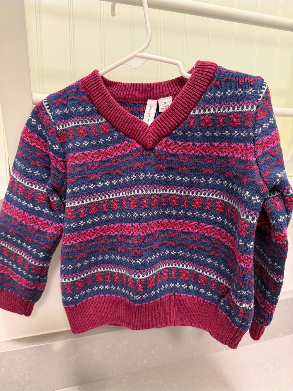 Janie and Jack Fair Isle V-Neck Sweater in Burgundy and Blue